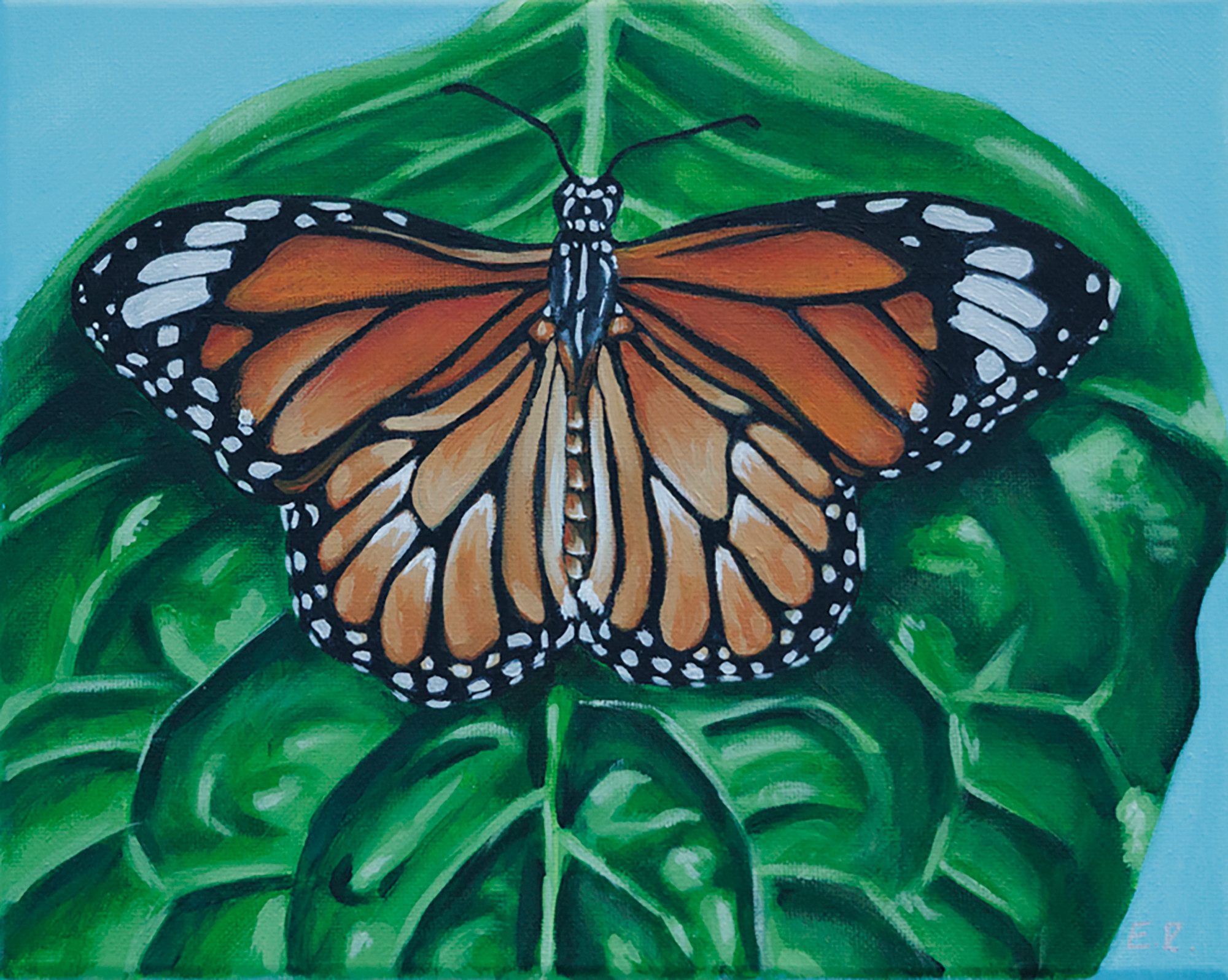 Painting of an orange monarch butterfly sitting on a green leaf with a light blue background.