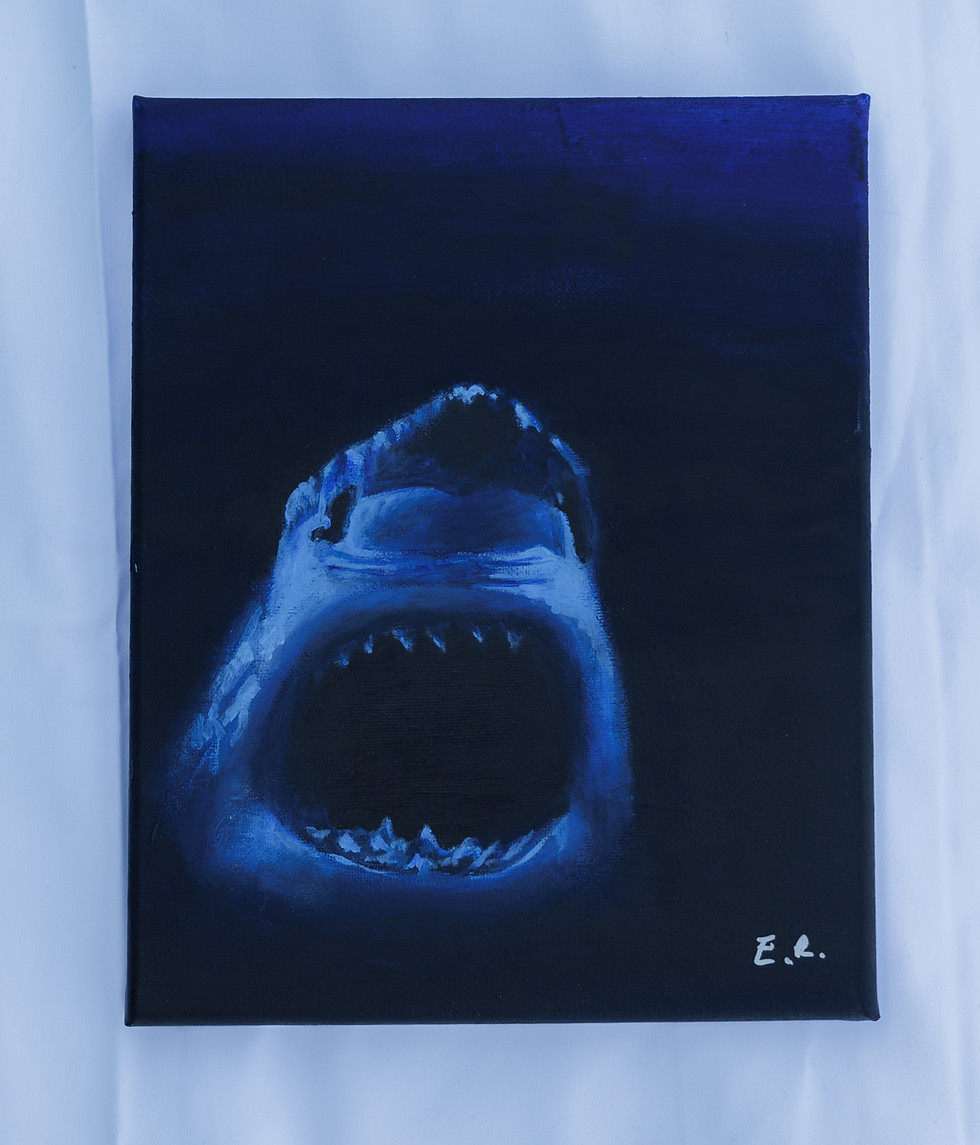 Thumbnail: Painting of a blue and white shark coming out of darkness, sitting on white fabric.
