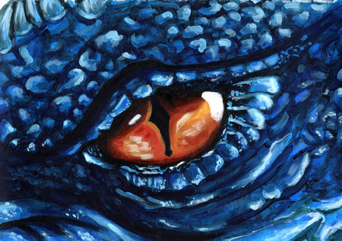 close up painting of a blue dragon's red-orange eye