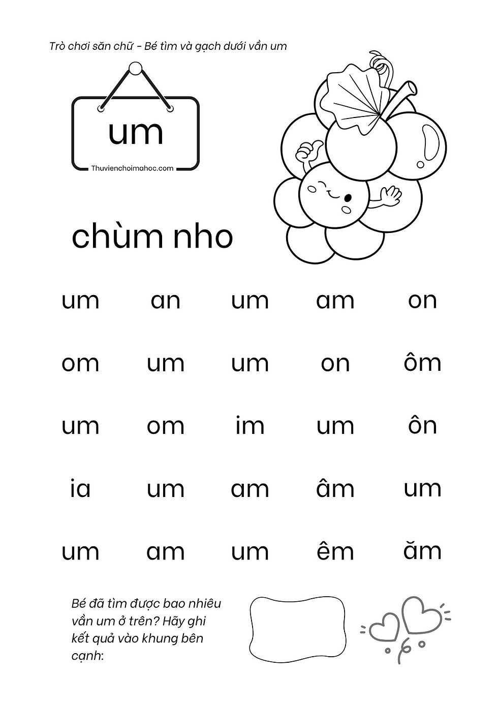 Bài tập nhận biết ghép vần um - tiếng việt tiền tiểu học