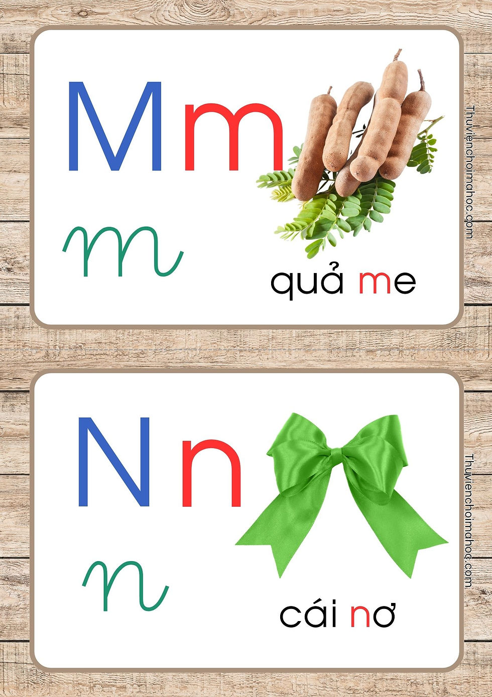 Hình thẻ chữ m quả me và chữ n cái nơ xanh lá