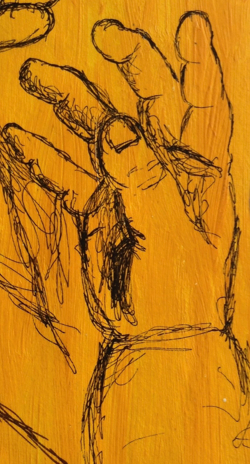 Black ink sketch of an open hand with long fingers on a warm wood-grain background, rough and abstract.