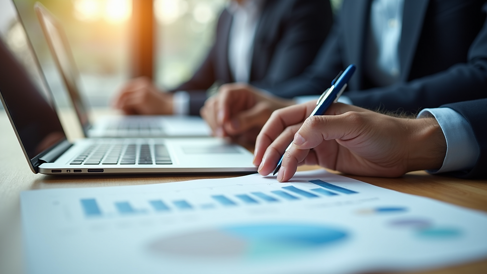 Close-up view of a business meeting with charts and laptops