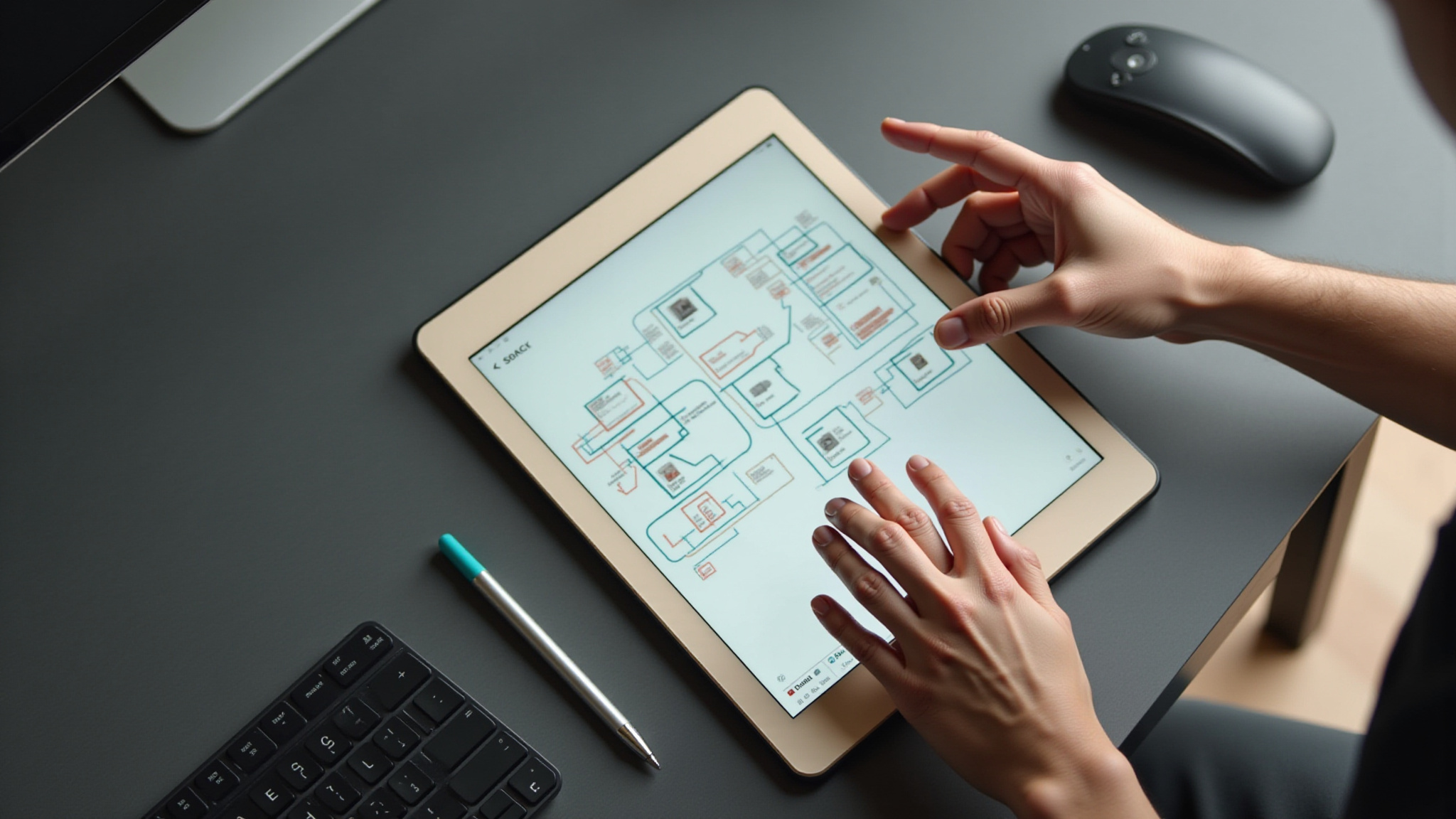 Hands interacting with tablet showing complex flowchart.