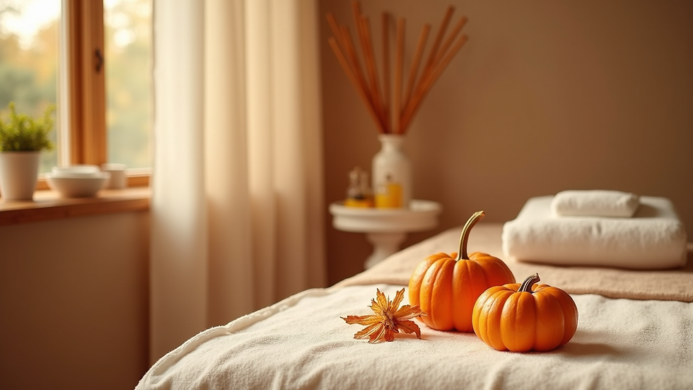 Eye-level view of a spa treatment room with pumpkin facial products