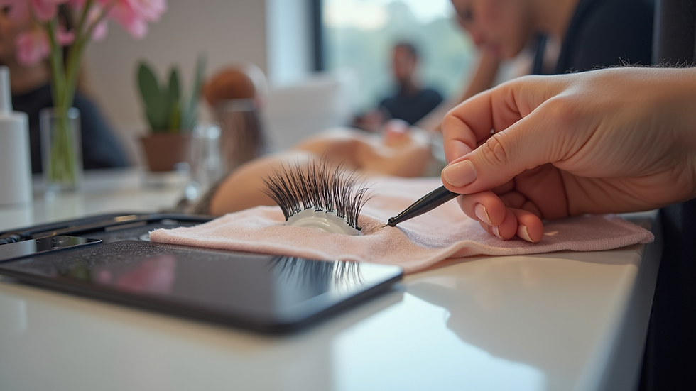 Eye-level view of a beauty salon setup with eyelash extension tools