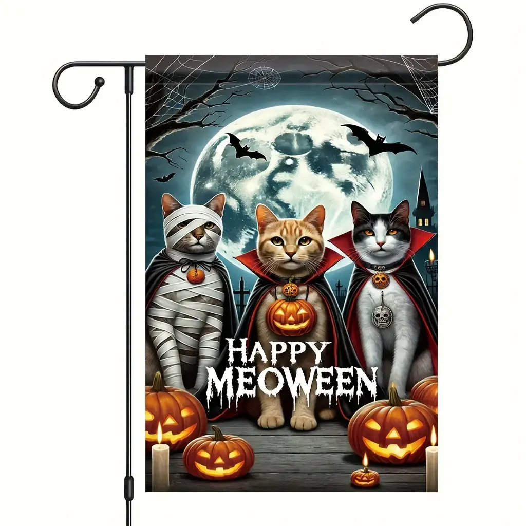 Halloween Cat Garden Flag Double Sided, Happy Meoween Pumpkin