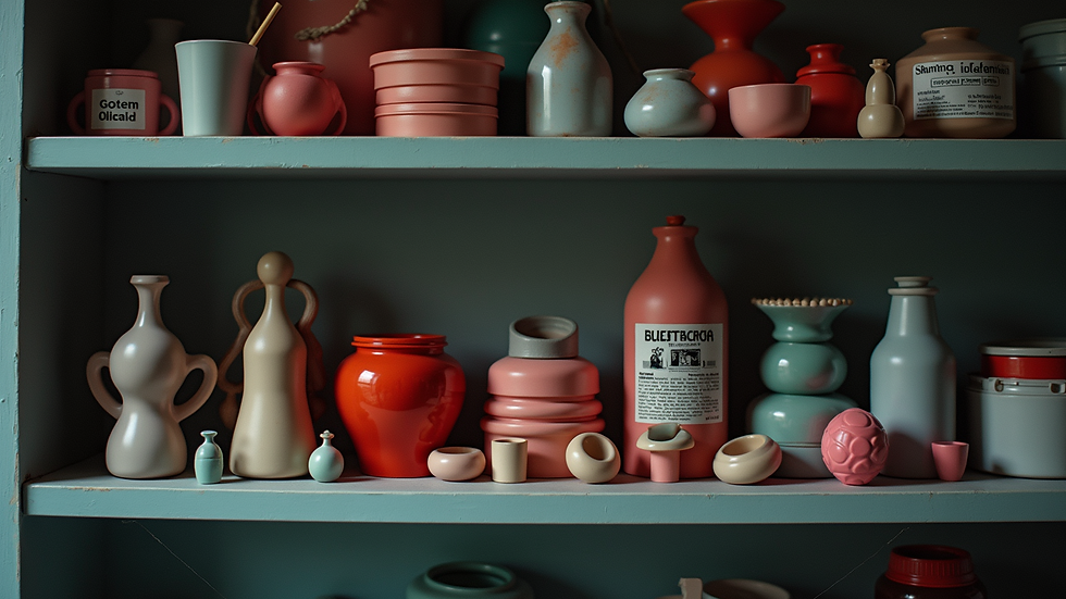 Eye-level view of a neatly organized collection of adult toys and harnesses on a shelf