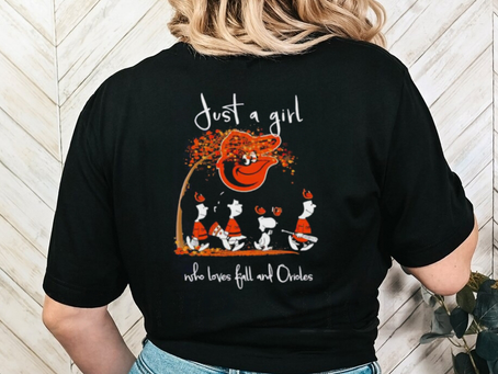 Peanuts just a girl who loves fall and Baltimore Orioles shirt