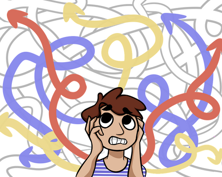 A person looks confused, surrounded by colorful, tangled arrows on a black and white background. They seem puzzled and overwhelmed.