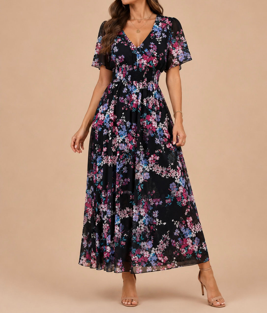 Vestido Maxi manga corta con flores moradas C046