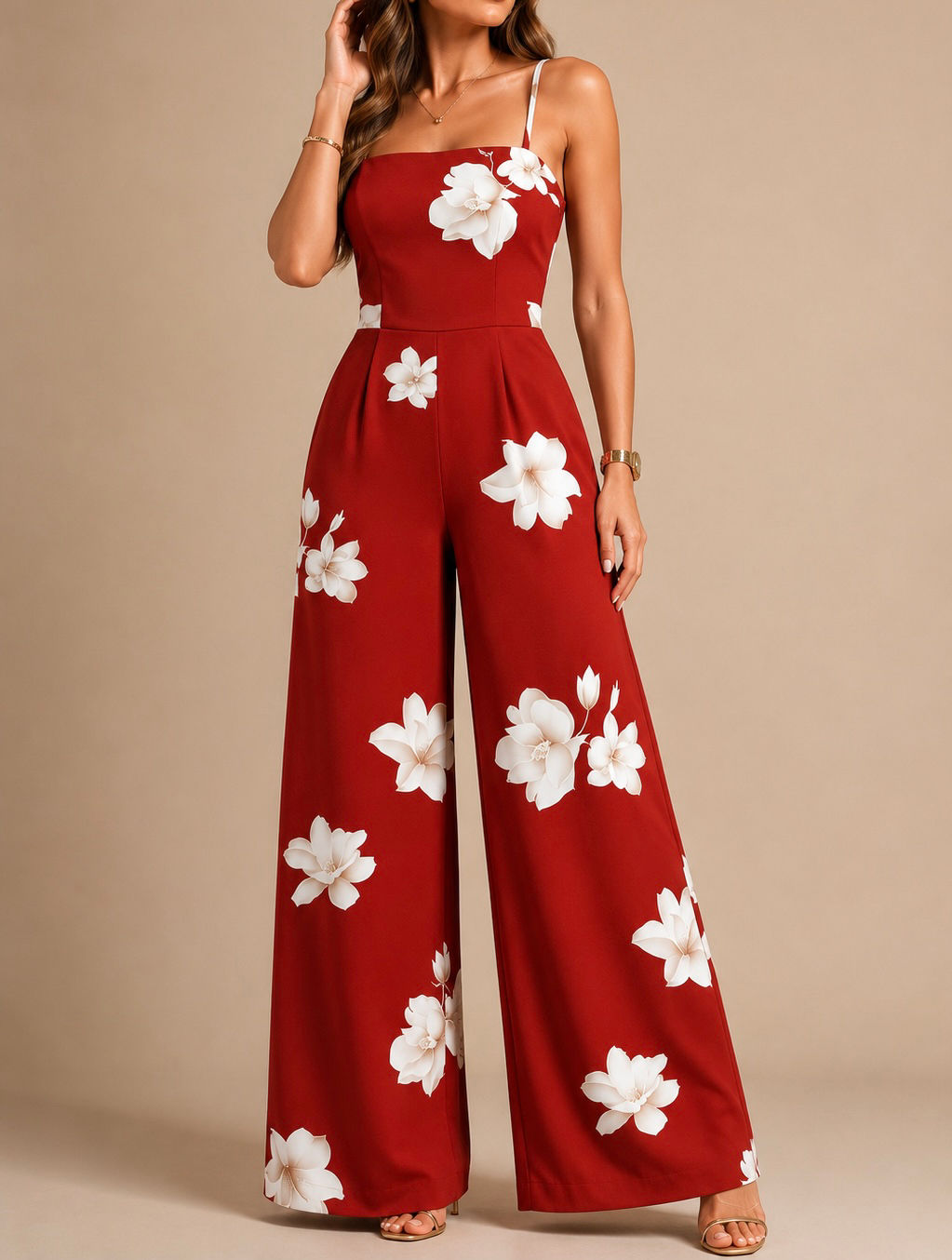 Jumpsuit de tiras roja con flores blancas C102