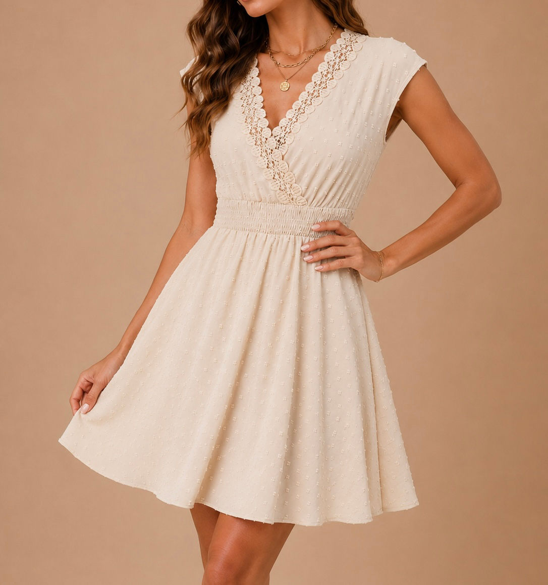 Vestido Corto Beige con encaje cuello V B837