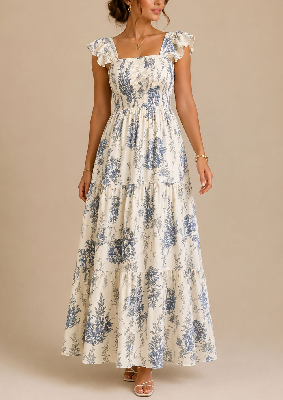 Miniatura: Vestido Maxi color blanco con flores azules y beige C471