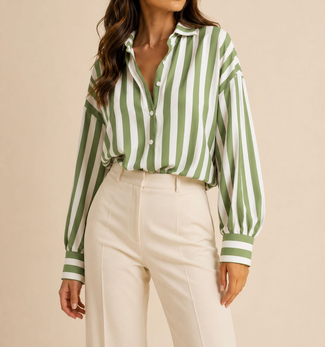 Blusa manga larga de rayas verticales verdes y blanco C461