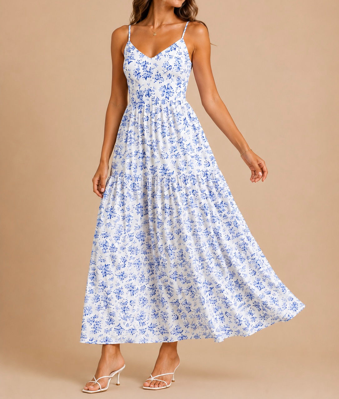 Vestido maxi blanco con flores azul C267