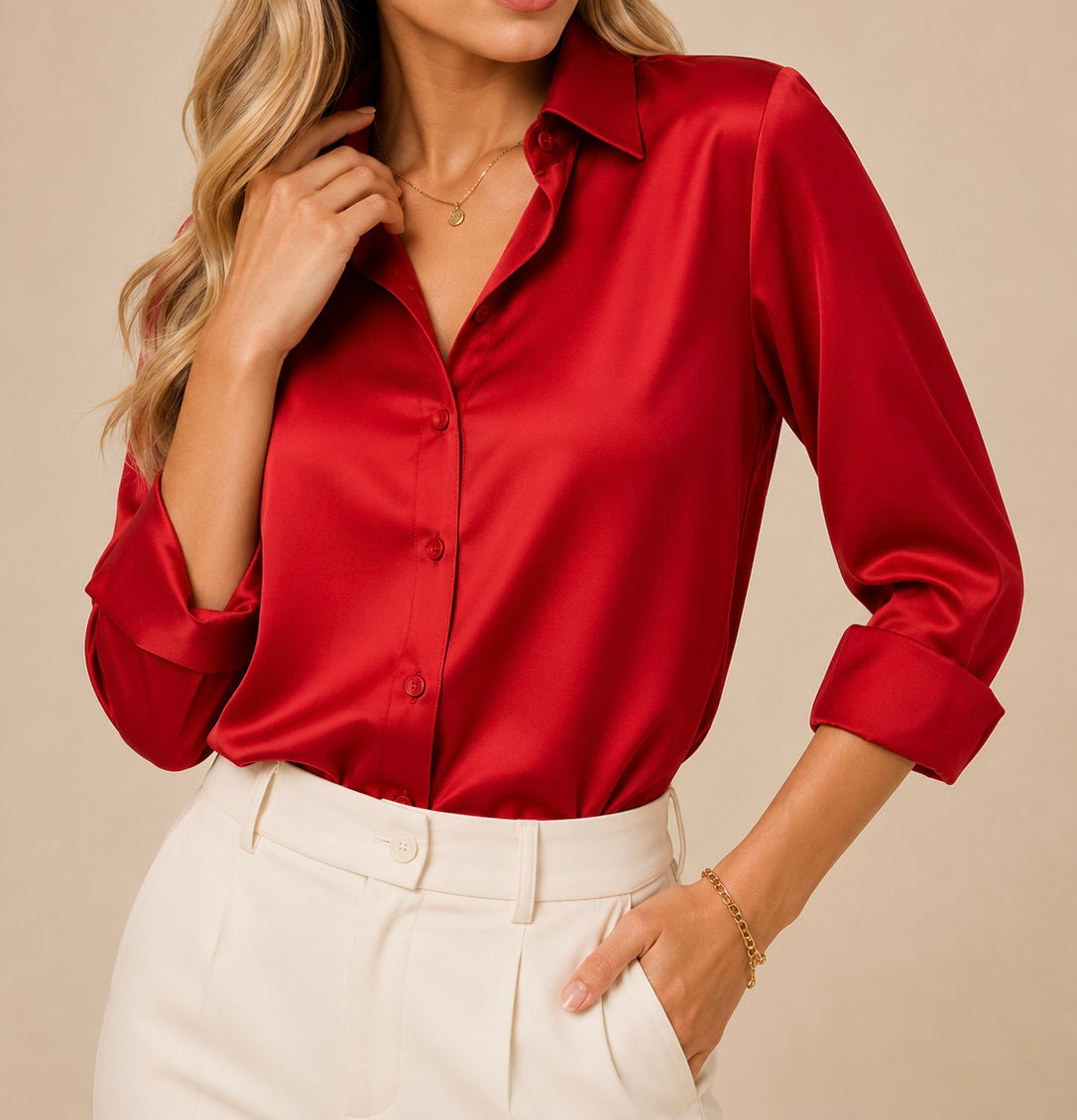 Blusa manga larga de seda roja C214