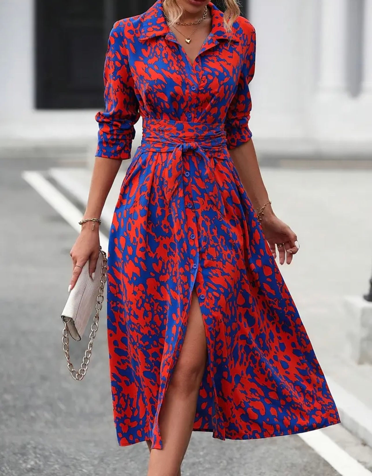 Vestido Maxi Camisero Manga Larga / Azul y Rojo B830