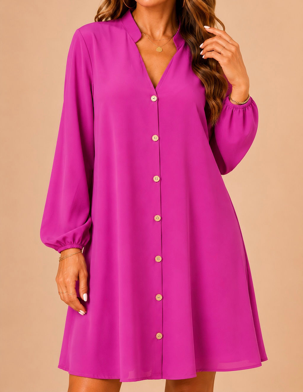 Vestido corto manga larga en color fucsia C375