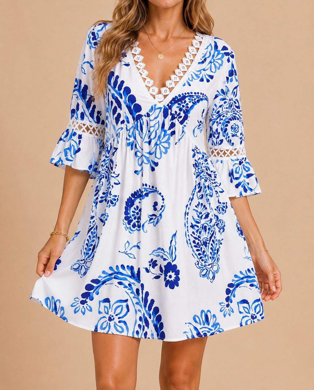 Vestido Corto (Tipo Bata Playera) Manga 3/4 Azul y Blanco B835