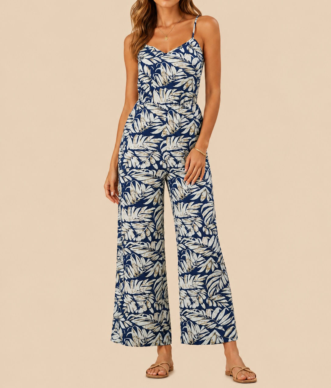 Jumpsuit de tiras estampado de hojas C121