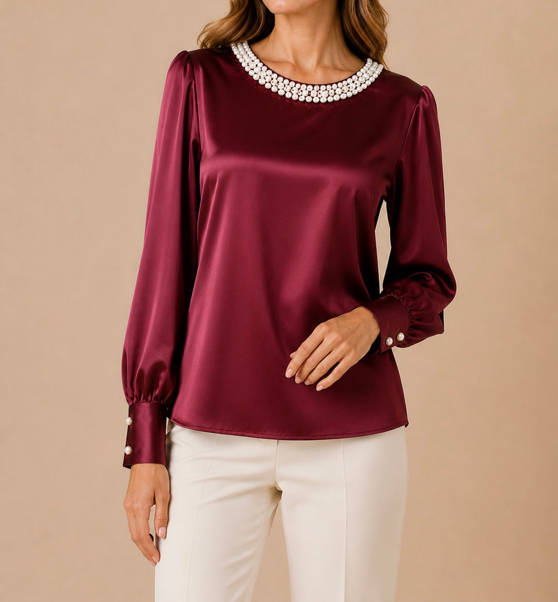Blusa manga larga con perlas en el cuello y color azul marino C434
