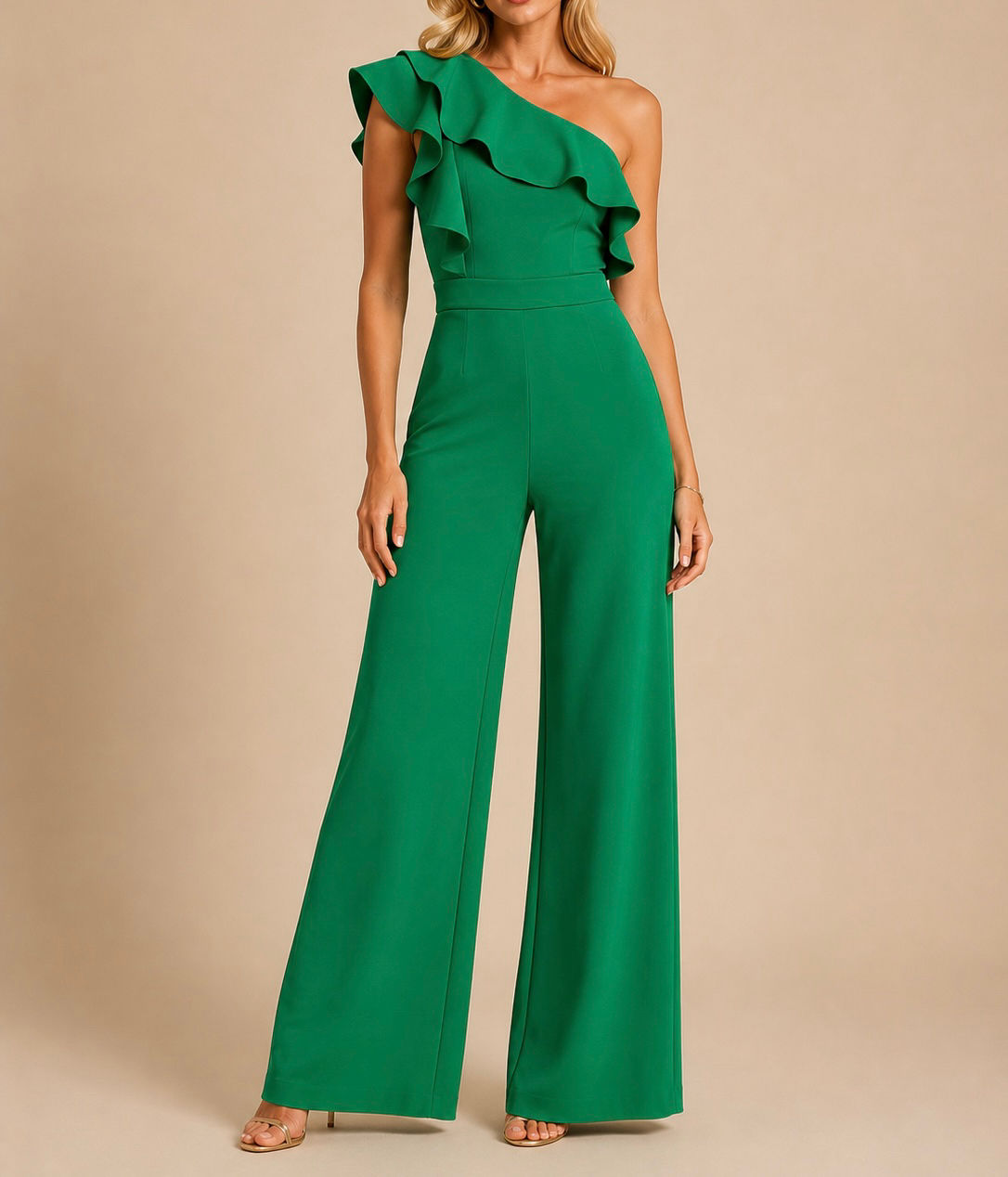 Jumpsuit verde de un hombro y faralao C144