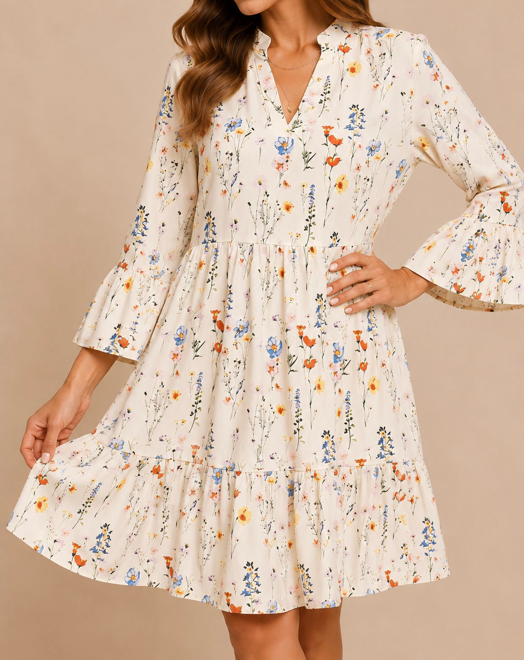 Vestido Corto Manga 3/4 Beige floreado C151