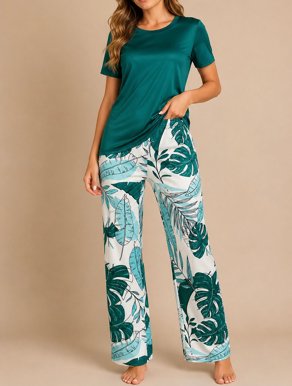 Miniatura: Pijama 2 piezas franela + pantalón Turquesa / Floral B539