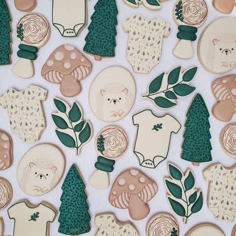 Woodland Baby Shower, hedgehog, mushroom, rattle, leaf, tree, onesie, greenery