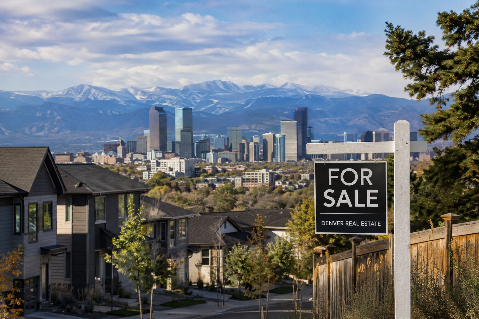 Denver Colorado housing market in 2026 with homes, a for sale sign, downtown skyline and Rocky Mountains