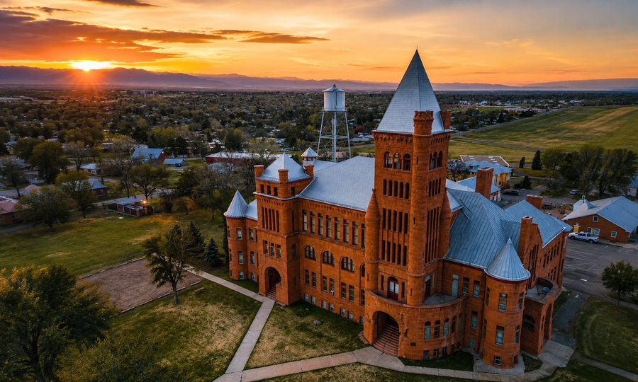 Westminster Castle at sunset with the Front Range in Westminster, Colorado