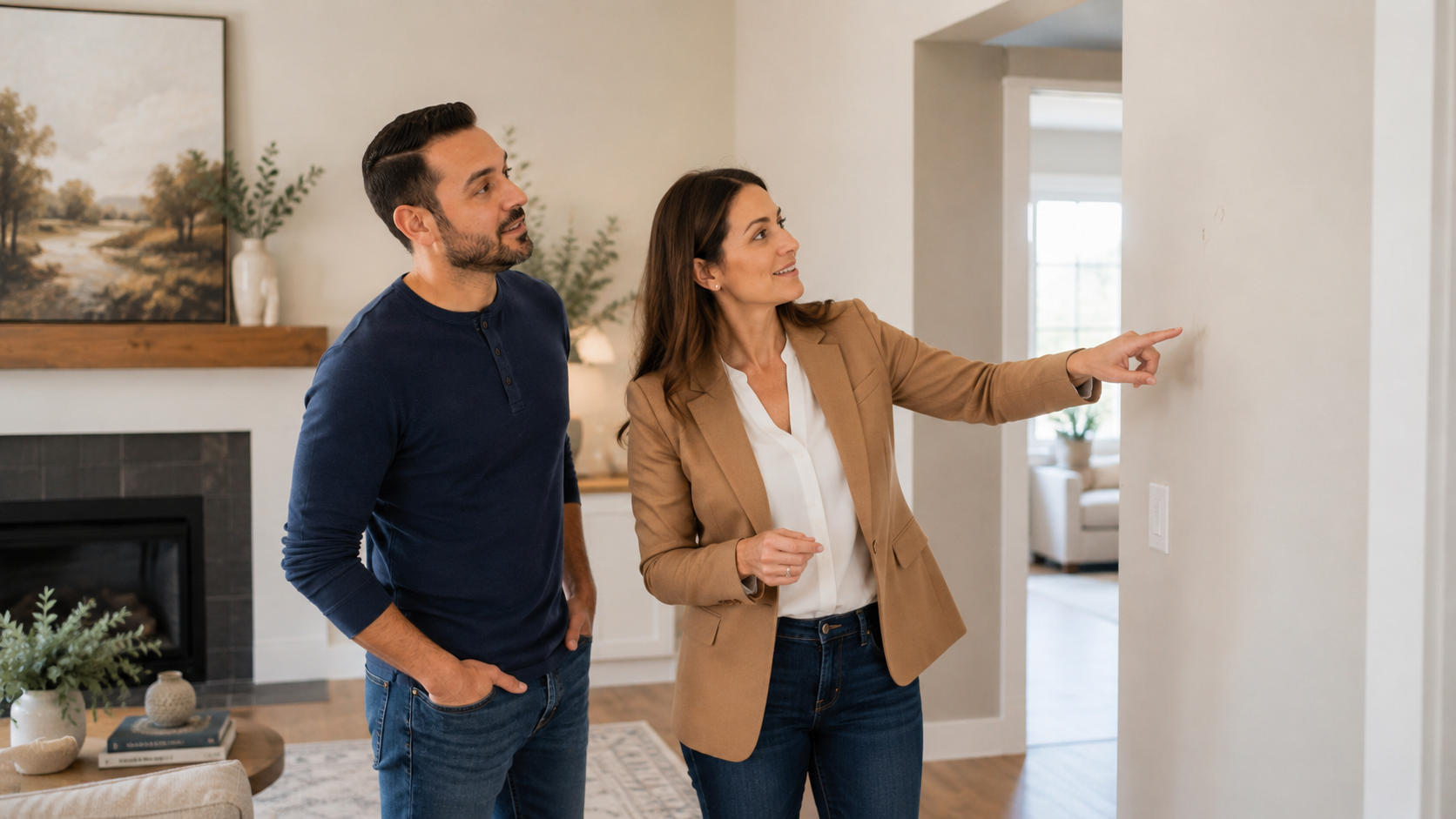 Real estate professional and homeowner reviewing a small wall repair before listing a Denver-area home