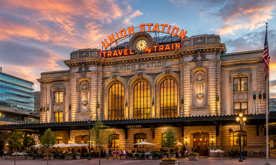 Denver Union Station at golden hour in Denver, Colorado