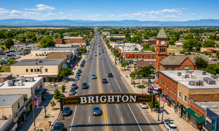 Downtown Brighton gateway arch and historic clock tower in Brighton, Colorado