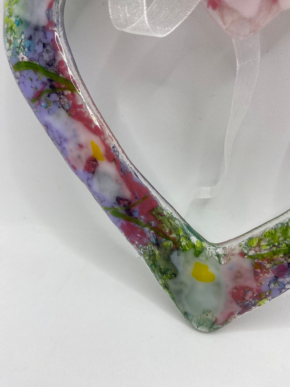 Thumbnail: fused glass open heart in green and floral design