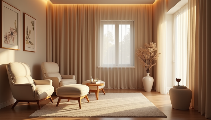 Eye-level view of a cozy therapy room with soft lighting and comfortable seating