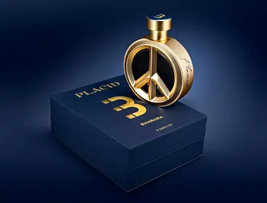 Bharara Peace symbol perfume bottle on dark blue box