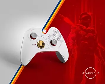 White Starfield game-themed Xbox controller with red accent background