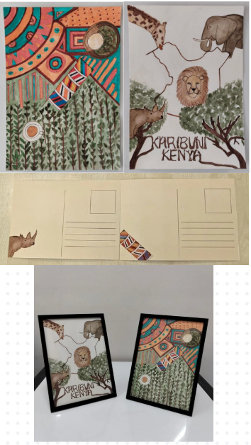 The front of the postcards, back of the postards and the framed artwork