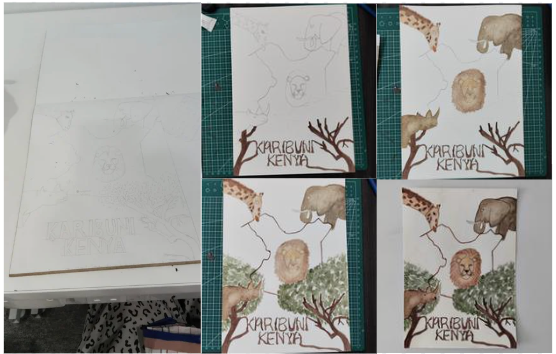 For the second postcard, I wanted to feature the wildlife of Kenya. I drew the sketch, photocopied it on 300 gsm paper, then painted with gouache. I went over the lines with colour pencil