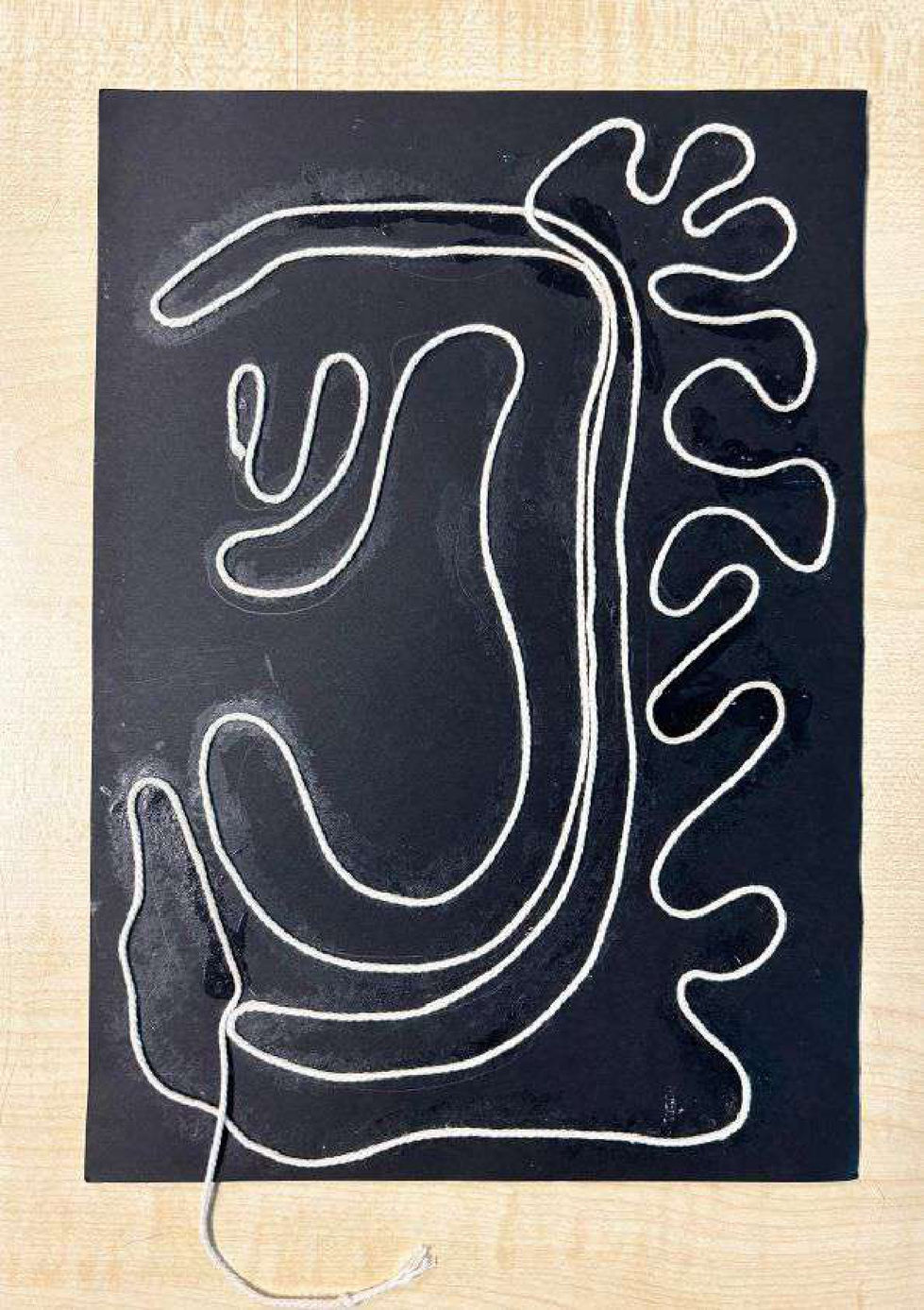 Materials: Black A4 paper, white waxed thread (stitched in a flowy, wavy line)I used black A4 paper to represent the emotional heaviness I carried during that exam
period. The white thread, stitched in a flowy and wavy manner, shows the release of
that weight. It represents how the pressure began to ease off — not all at once, but
steadily and softly.