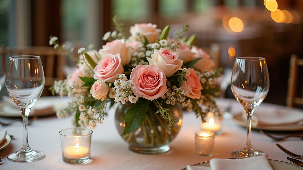 Close-up view of elegant floral centerpiece on banquet table
