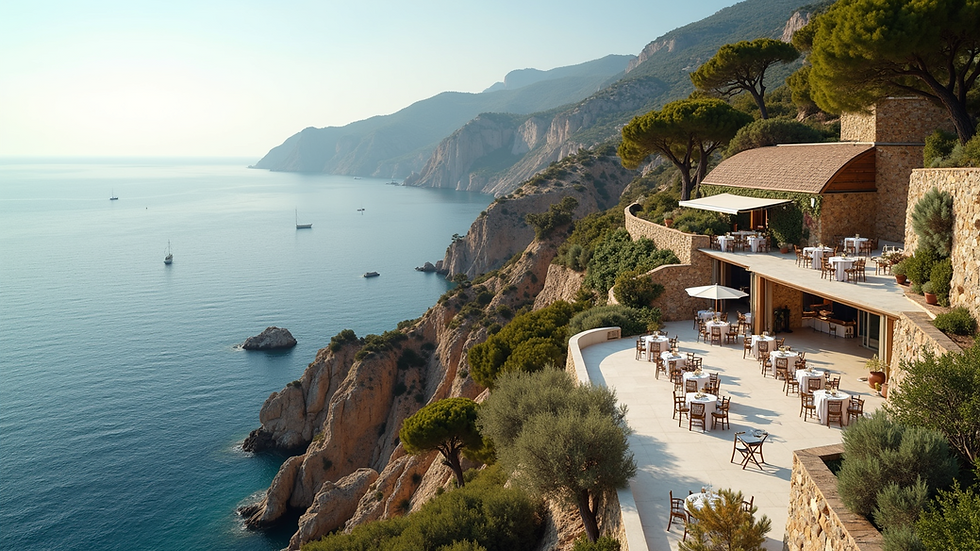 High angle view of a cliffside wedding venue overlooking the Mediterranean Sea