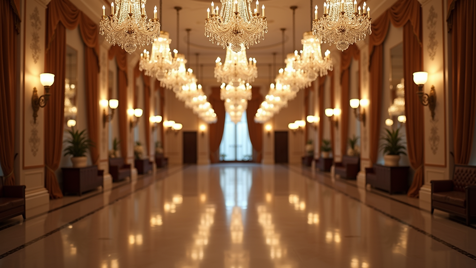 Eye-level view of elegant ballroom with crystal chandeliers