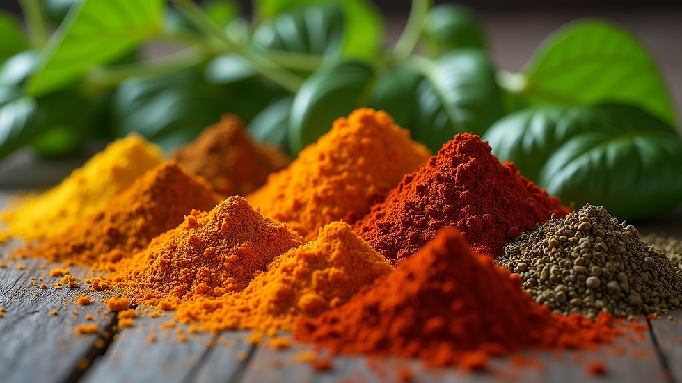 Close-up view of vibrant Jamaican herbs and spices