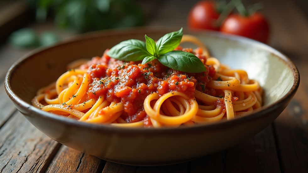 Eye-level view of a rustic bowl of tagliatelle tossed in fresh tomato sauce with basil