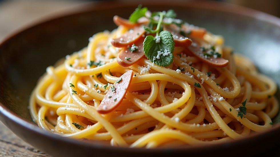 Close-up view of spaghetti tossed with guanciale and creamy sauce in a rustic bowl