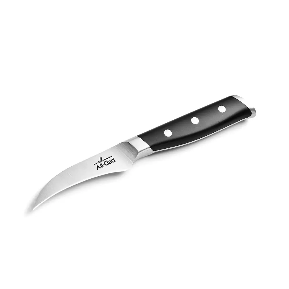 Curved pairing knife with black handle and three rivets on white background. Blade features "All-Clad" text in black. Sleek and sharp design.