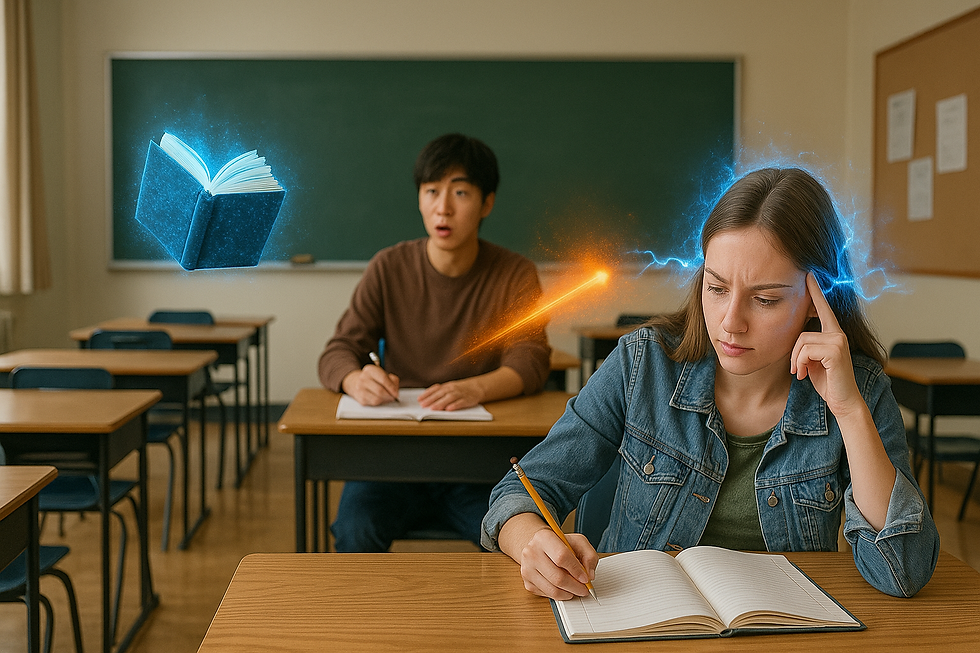 Students in a classroom. A girl concentrates, emitting blue energy towards a glowing book. Another student looks surprised. Green chalkboard in background.using anime powers in education